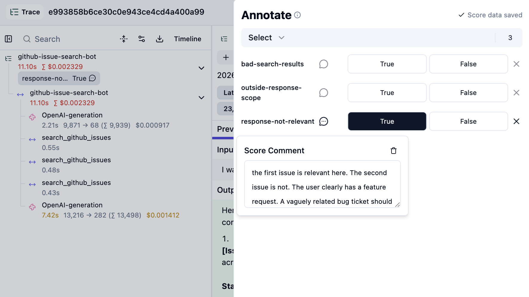 Annotating a trace with a score and comment in Langfuse